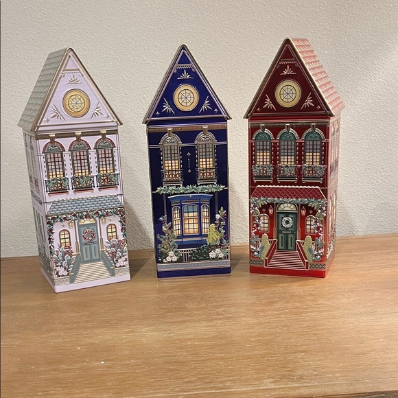 3 Large Christmas Cookie Village Tin Jars Measures: 11 x 4 x 4” - Picture 1 of 6
